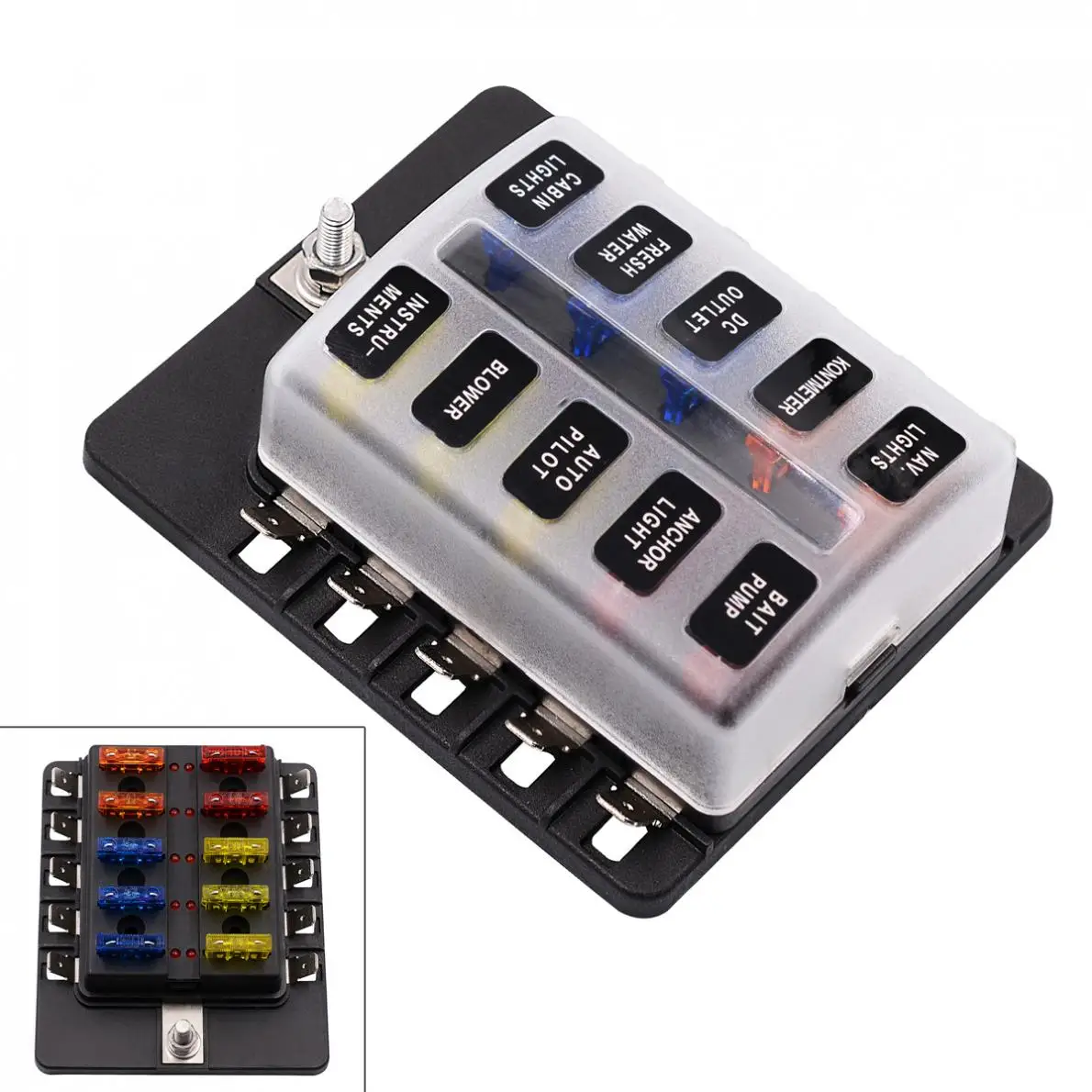 

Max 32V Plastic Cover 10 Way Blade Fuse Box Holder M5 stud with LED Indicator for Car Boat Marine