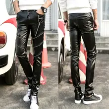 Осенне-зимние повседневные Модные мотоциклетные брюки из искусственной кожи мужские зауженные брюки для мужчин плюс бархатные черные