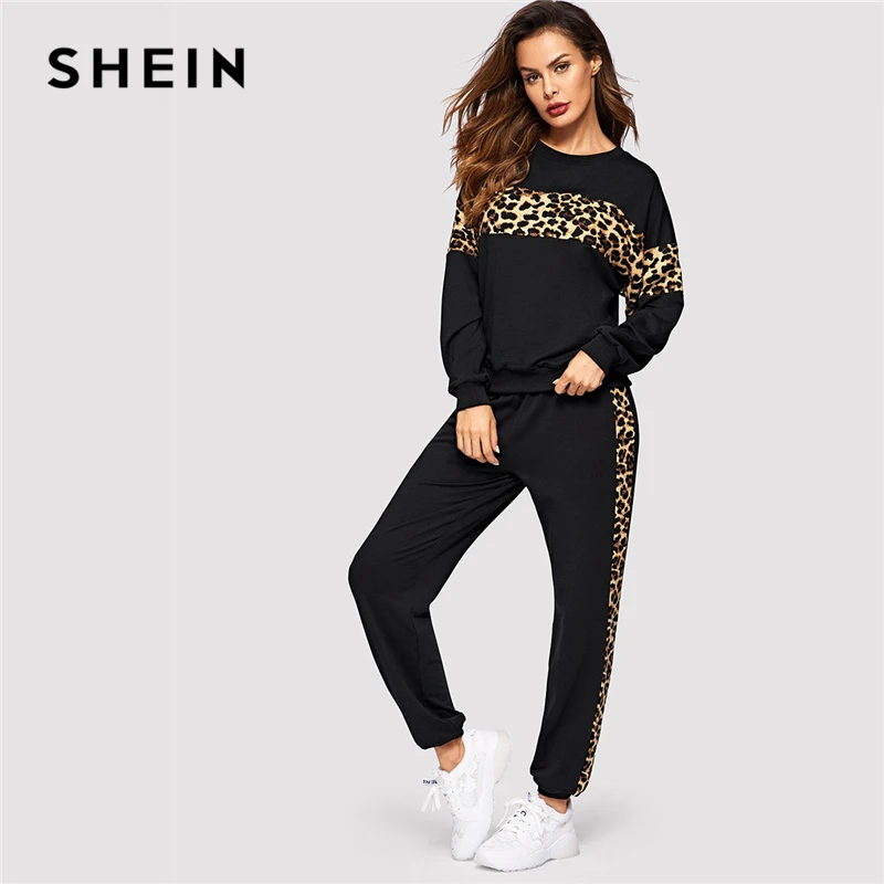 SHEIN Спортивный Костюм С Леопардовым Принтом Контрастная Толстовка И Брюки Женские Повседневные Комплекты С Леопардовым Принтом