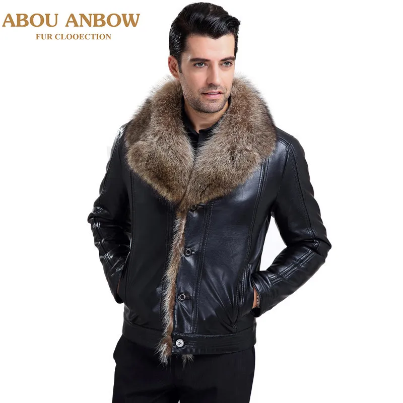 

Abou New Fur Coat By real fur lined Fashion Short Black Turn-down collar Business Casual Warm Thick Overcoat Male Outerwear