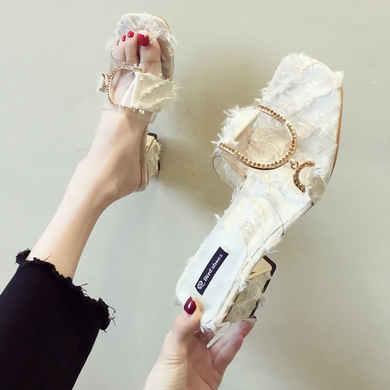 

Fashion Party Slippers Women Summer Shoes Pink White Buckle Chunky Heel Ladies Slides Female Sandals Shoes