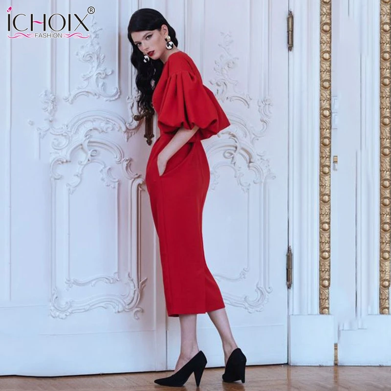 ICHOIX вечернее длинное платье, элегантное женское платье с круглым вырезом и расклешенными рукавами, розовое красное женское офисное облегающее длинное платье, зима-осень