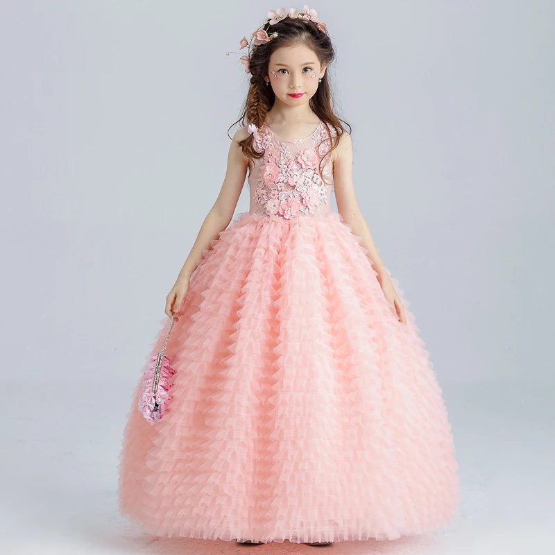 

Flower Girl Dresses Wedding Appliques Ball Gown Girls Formal Dress Birthday Costume Floor Length First Holy Communion Dress B55