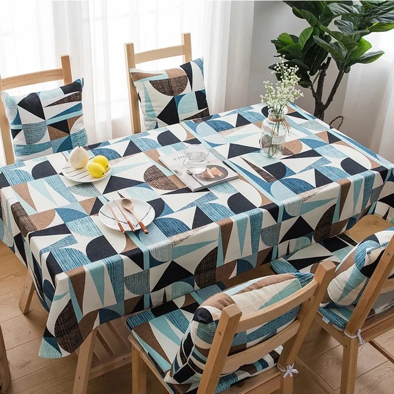

Nordic Retro Blue Abstract Geometry Cotton Table Cloth Round rectangle Coffee /Computer /Dinner non-slip Tablecloth Dust Cover