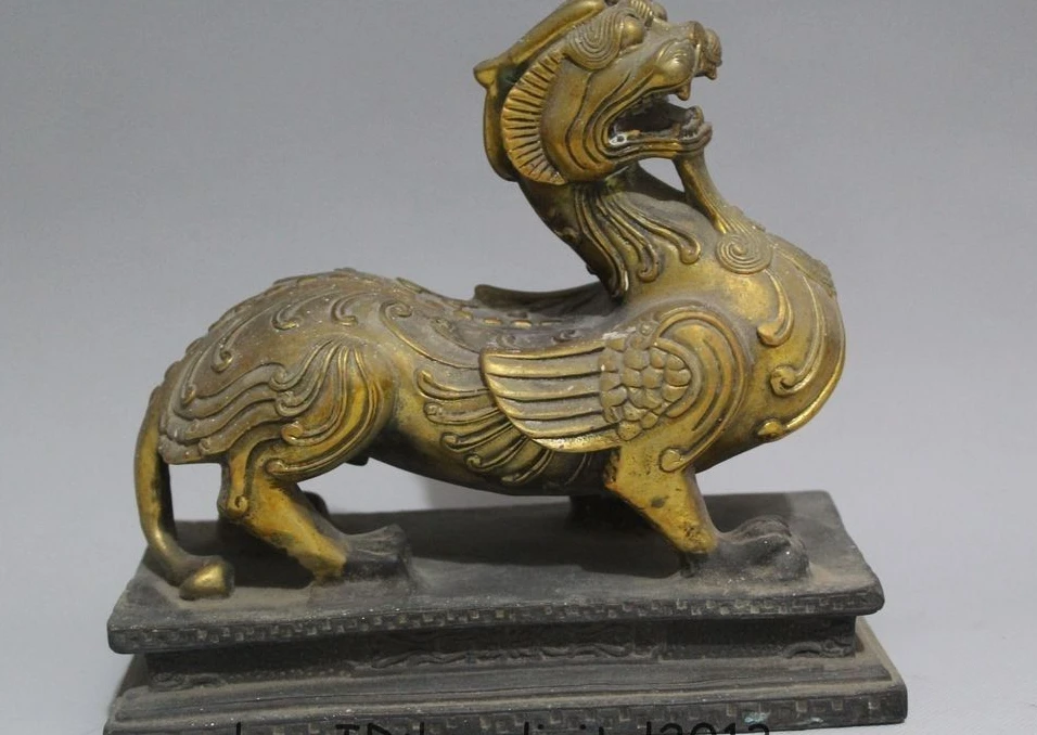 

7" Chinese Bronze Gold Folk animal Kylin Chi-lin Qilin Beast sculpture Statue