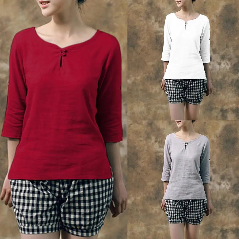 

2019 Summer Fashion Casual Womens Round Neck Blouse Long Sleeves Cotton And Linen Shirts Solid Color Loose Shirt Blouse