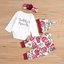 PatPat/осенне-зимний хлопковый повседневный комбинезон для новорожденных из 4 предметов; брюки с принтом розы; шапка и повязка на голову для маленьких девочек; костюм для ползания