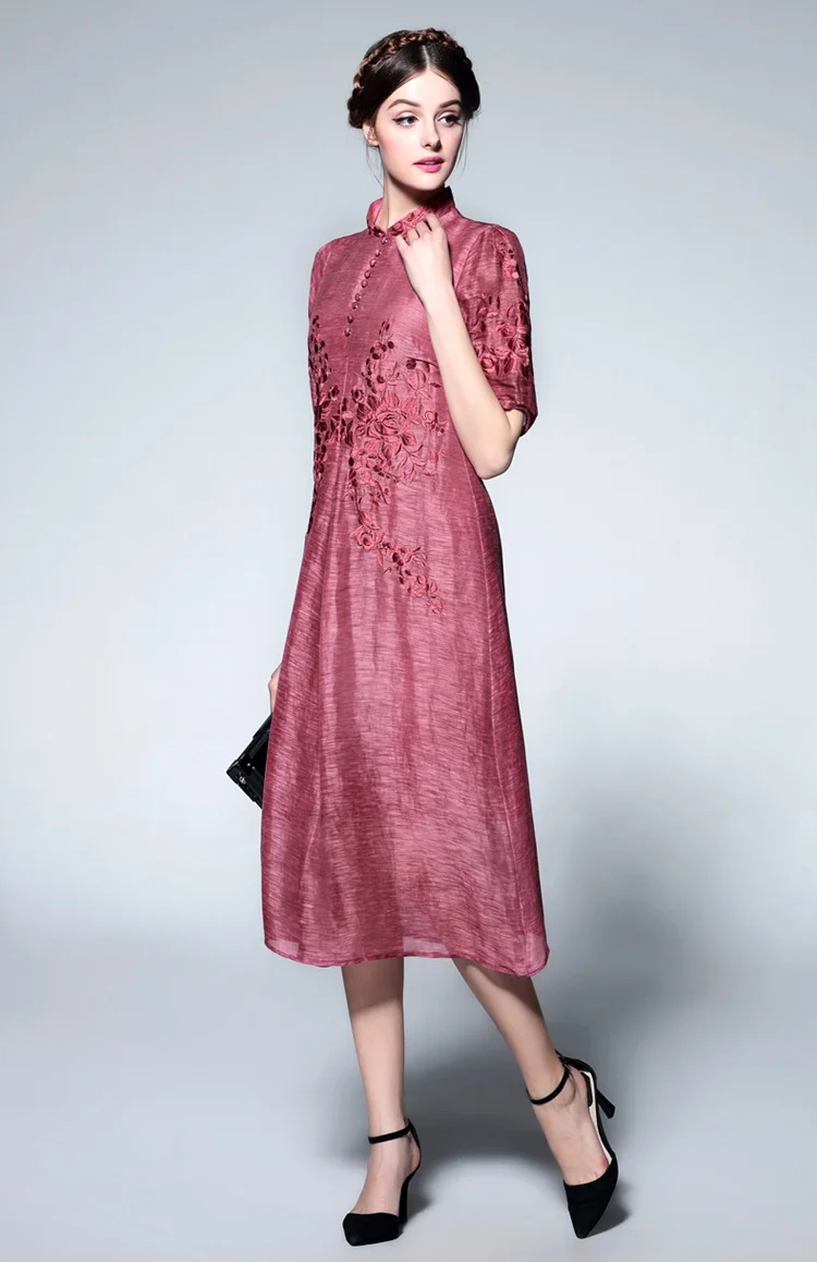 Grey Vintage Embroidery Stand Collar Shift Dress (9)