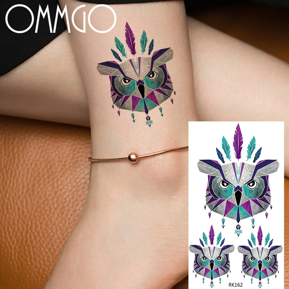 

OMMGO Tribal Diamond Owl Temporary Tattoo Sticker For Women Body Arm Art Tatoo Paper Waterproof Flash Neck Ankle Fake 3D Tattoos