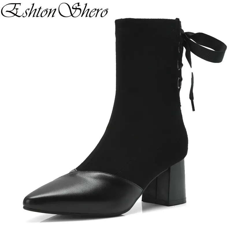 

EshtonShero Women Ankle Boots Shoes Woman High Heels Zipper Leather+PU Platform Butterfly-Knot Ladies Motorcycle Boot Size 34-39