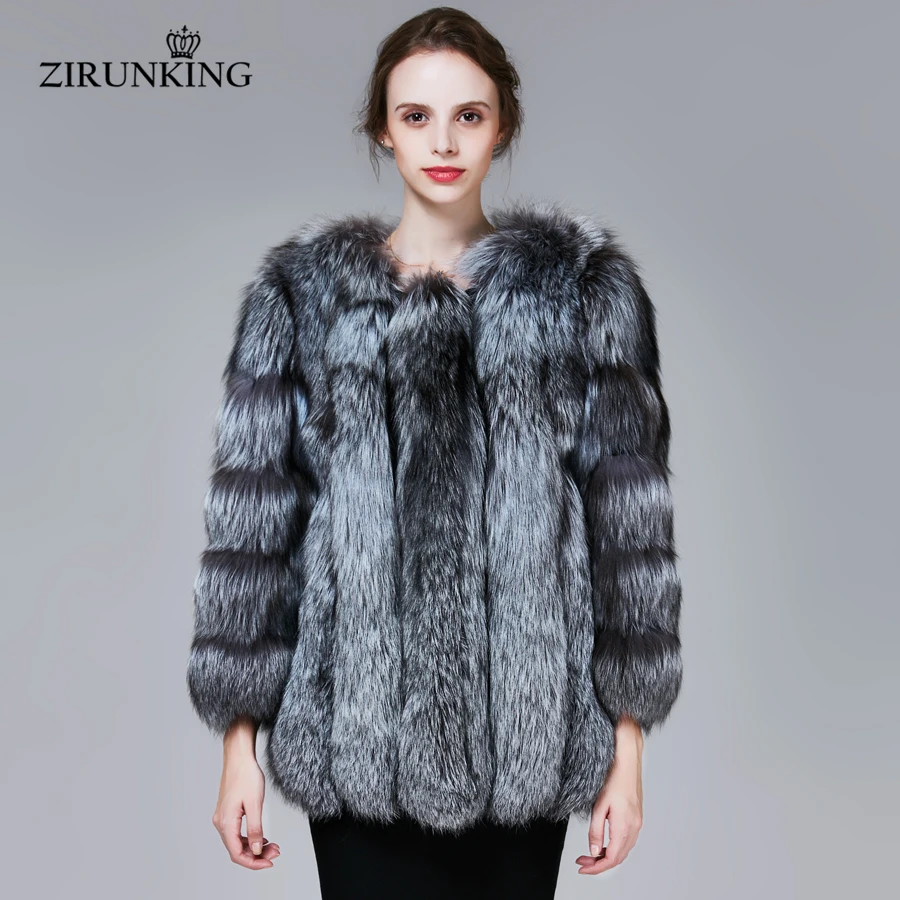 

ZIRUNKING Women Thick Real Fox Fur Coat Warm Natural Silver Fox Fur Jacket Female Fur Overcoat Clothing ZC1721