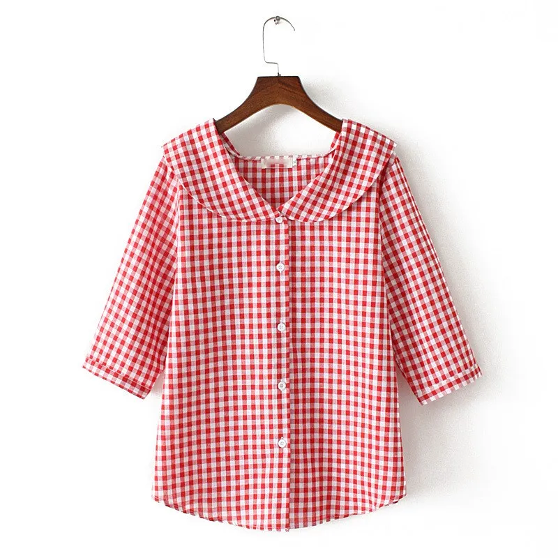 

2019 Summer Women Fashion Peter Pan Collar Plus Size Shirts Three Quarter Casual 3/4-Length Sleeve Loose Plaid Blouses