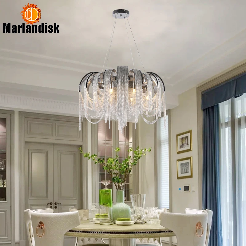  Post-Modern Simple Chrome Alluminium Chain Pendant Lamp Nordic Hanging Light For Living Room Restau - 32955890583