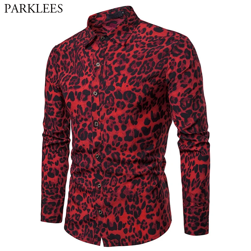 

Men's Sexy Red Leopard Print Shirt 2019 Fashion Nightclub Party Prom Men Shirt Slim Fit Long Sleeve Shirts Male Camisa Hombre