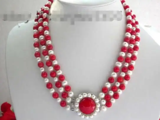 

Free shipping hot sale Women Bridal Wedding Jewelry >>Genuine!21" 3row Natural White Pearl Red Coral Necklace