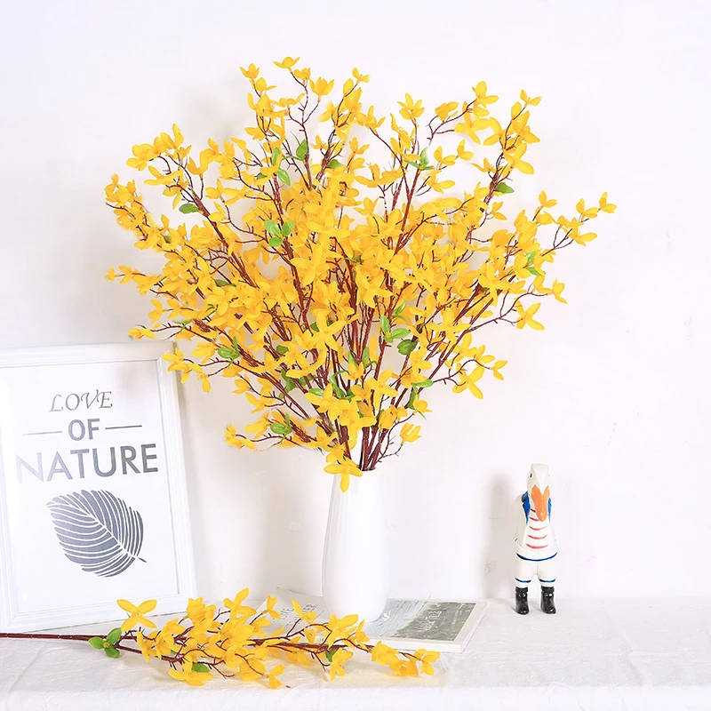 

10 Pieces Artificial Flowers with Green Leaf Yellow Winter Jasmine Table Home Wedding Decor DIY Supplies Silk Fake Flower Gift