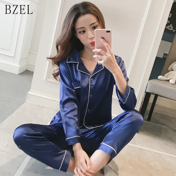 

BZEL Young Girl Long Sleeve Silk Satin Pajamas For Women Sexy Nightshirt Casual Home Service Sleepwear 2pcs/set Big Yard M-5XL