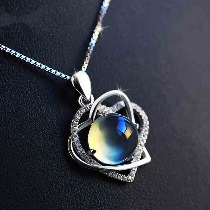 

Women's Fashion Jewelry Silver-plated Aristocratic Sea Blue Stone Heart Pendant Necklace Gift Without Chain