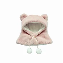 

Pink baby thick hat scarf one hat fashion cute lace hat scarf autumn and winter warm one scarf rabbit ear cap #YL