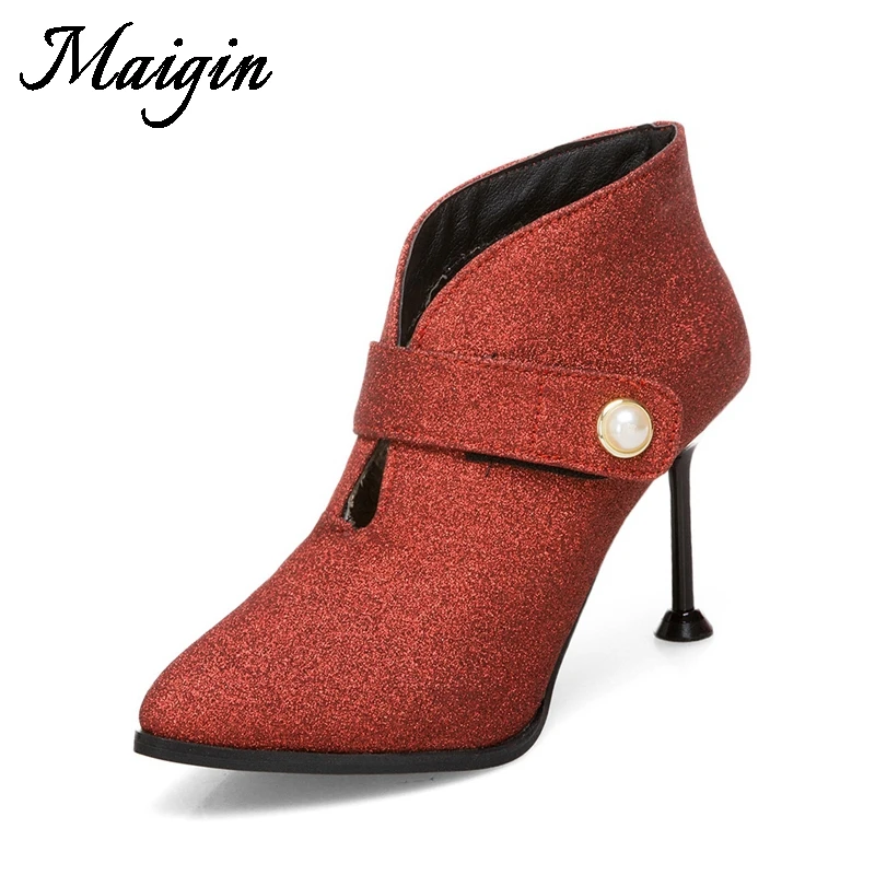 Maigin 2018 High Heels Ankle Boots Women Plus Size 34-43 Ladies Booties Pointed Toe Footwear Bling Pearl Hook&Loop Female Shoes