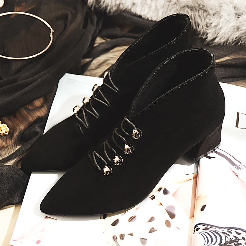 Women's Med Heel Pointed Toe Ankle Boots Brand Design Retro Buttons Heeled Shoes for Women Genuine Suede Leather OL Style Heels Women's Med Heel Pointed Toe Ankle Boots Brand Design Retro Buttons Heeled Shoes for Women Genuine Suede Leather OL Style Heels