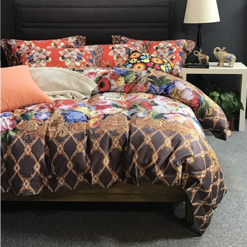 

Orange Yellow Exquisite Flowers Digital Printing 100S Cotton Sateen Bedding Set Duvet Cover Bed Linen Bed sheet Pillowcase 4Pcs