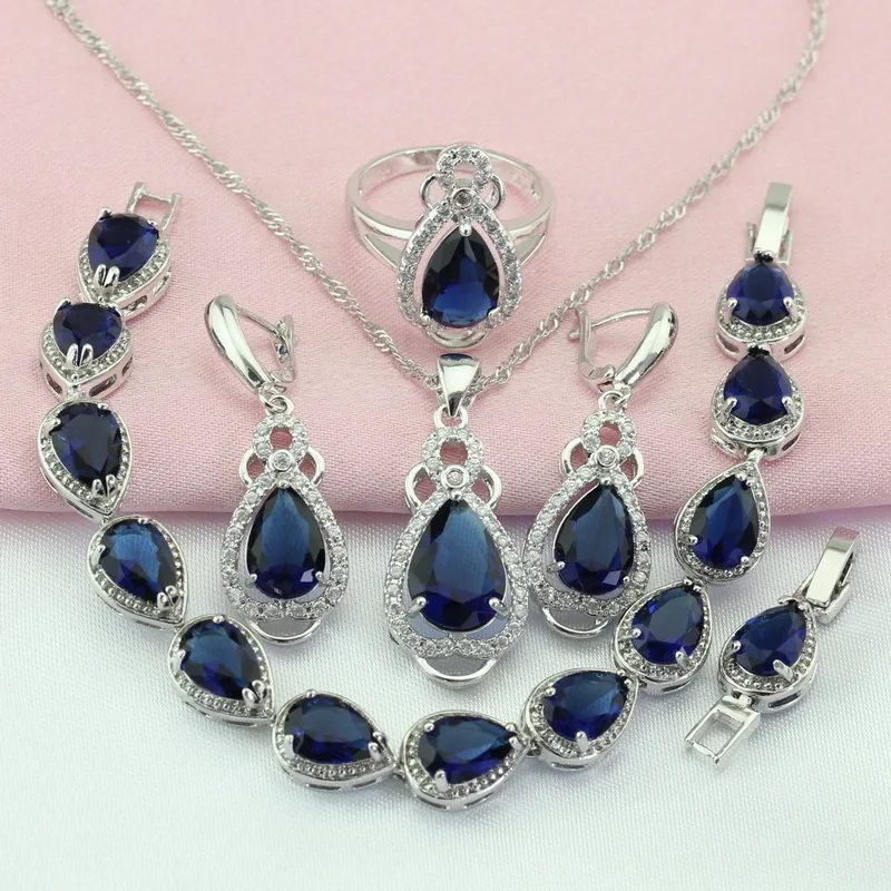 WPAITKYS Navy Blue Cubic Zirconia Silver Color Bridal Jewelry Sets For