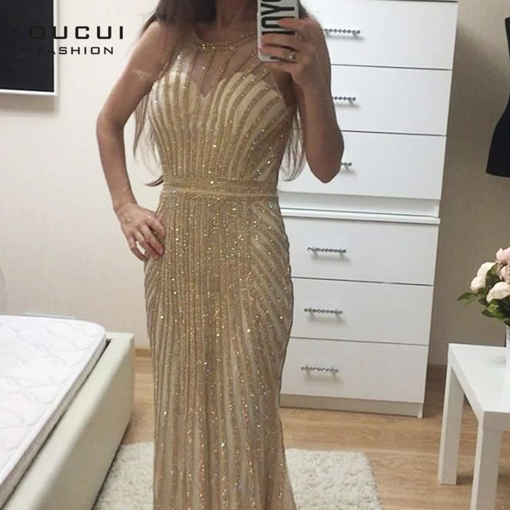 Kaufen Oucui Goldene Kristall Abendkleid Tüll Spitze Blumen Prom Kleider Luxus Sleeveless Partei Sexy Dubai Formal Robe Femme OL102871