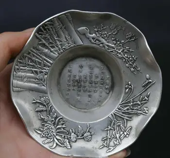 

4.1" Chinese Bronze Pretty Plum Blossoms Orchid Bamboo Chrysanthemum Tray Plate