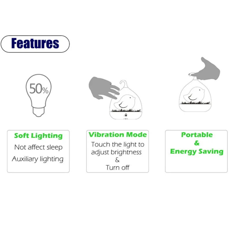 Светодиодный 3D Симпатичные Клетка ночной Светильник вибрации сенсорный Сенсор USB настольная лампа Luminaria Перезаряжаемые Детские Спальня птица ночной Светильник