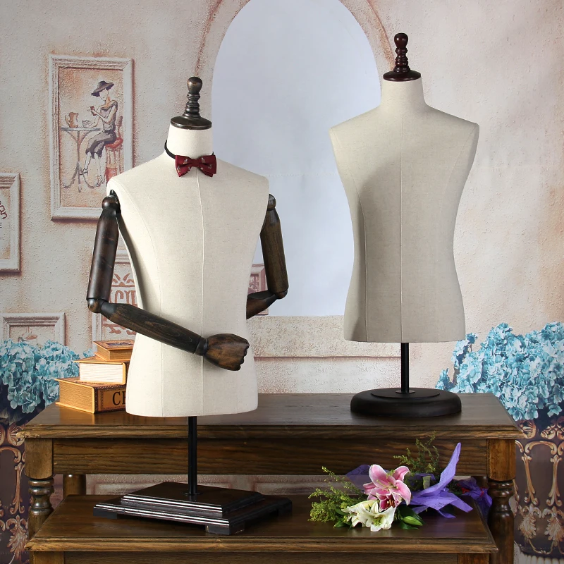 

Modern props male half-length three-dimensional cut display rack holder men fabric mannequin with wooden arms