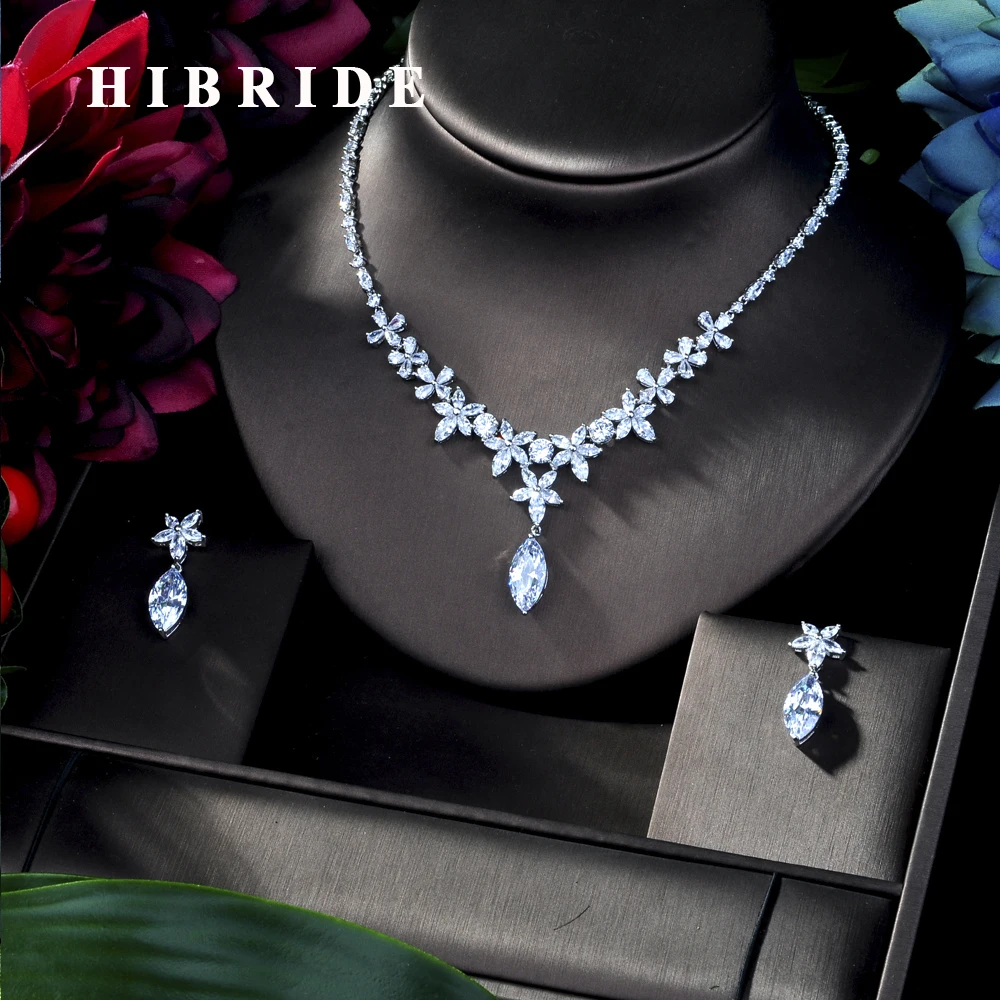 

HIBRIDE High Quality Cubic Zirconia Wedding Necklace and Earrings Luxury Crystal Bridal Jewelry Sets for Bridesmaids N-289