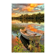 Пользовательские diamond Картина Закат Озеро Лодка Пейзаж cat Вышивка крестиком Санта-Клауса дар home decor diy pintura стразами ponto cruz