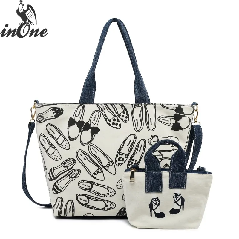 

INONE 2018 Ladies Hand Bags Solid Women Crossbody Messenger Shoulder Bags Canvas with Shoes Patterns Printing 2 in 1 Tote Handba