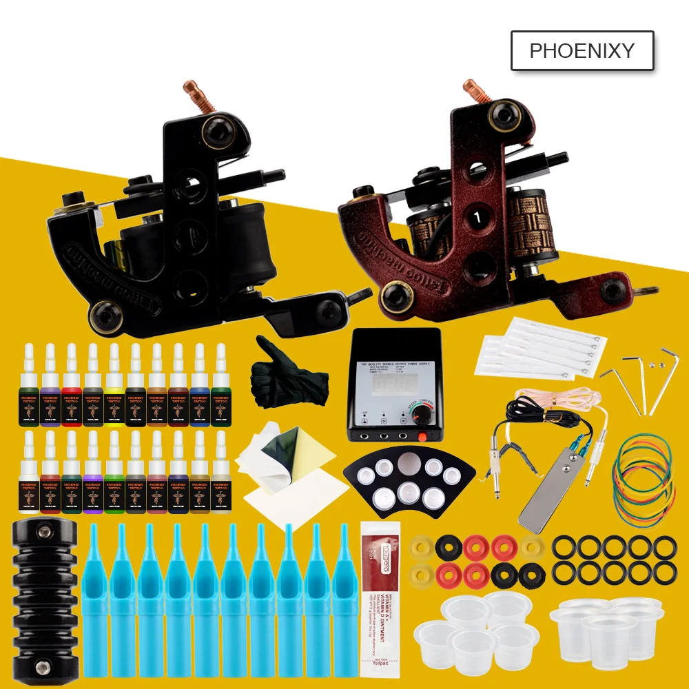 

Complete Tattoo Kit 2 Tattoo Machines Gun Black Ink Set Power Supply Grips Body Art Tools Set Tattoo Permanent Makeup Tattoo set
