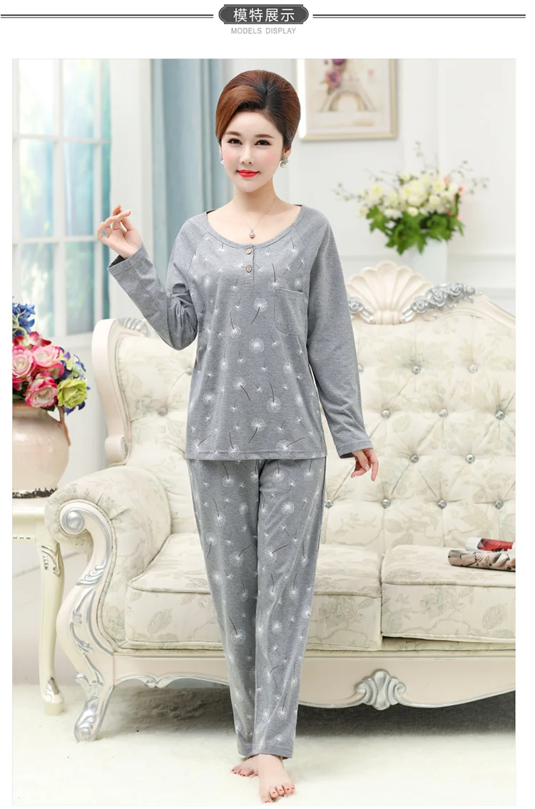 Новый 100% хлопок цветочные Для женщин Пижама с длинными рукавами с круглым вырезом для отдыха большой Размеры L-3XL Комплект из 2 предметов