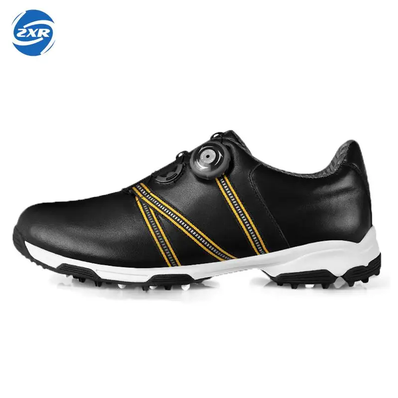 

men automatic BOA-lace first layer leather waterproof breathable anti-skid patent design sport shoes good grip male golf shoes