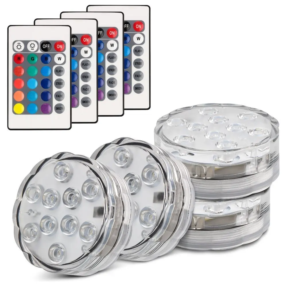 

4 Pack Submersible 10 LED Light RGB Waterproof Battery Powered Light with IR Remote Controller for Aquarium, Weeding, Christmas