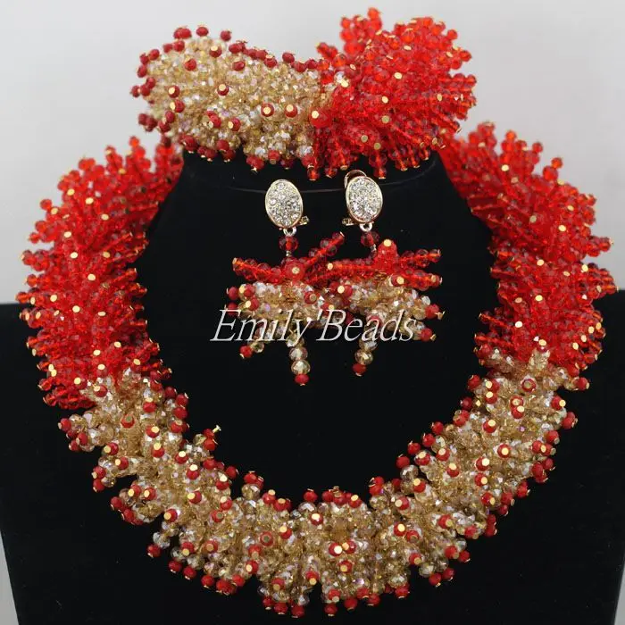 laanc Nigerian Wedding African 10Layers Opaque Red and White Crystal Beads Bridal Jewelry Sets LCF098 