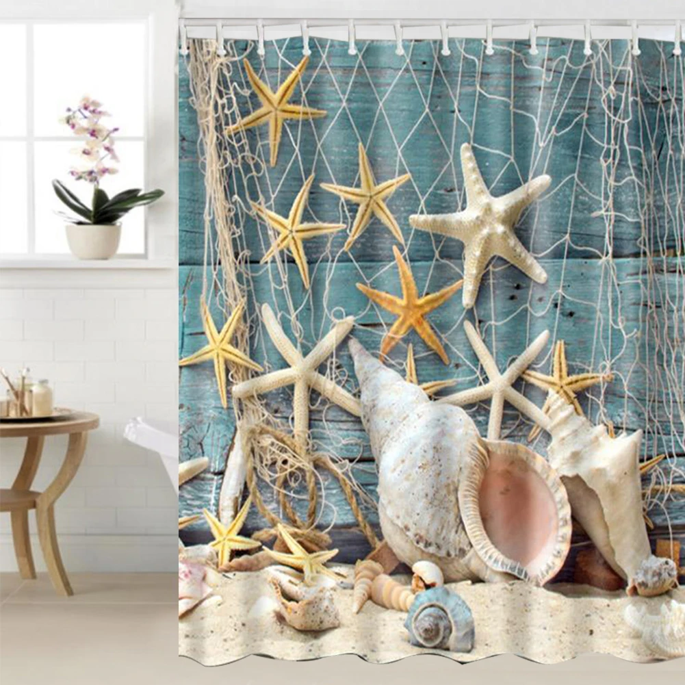

High Quality Sea Beach Shell Printed Shower Curtains Bath Curtain With Hooks Waterproof Products Bathroom Decor