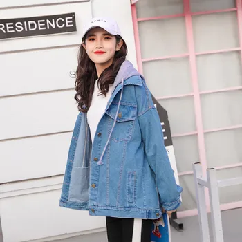 

2019 Spring Denim Jacket Women Loose Wild Fake Two-Piece Single-Breasted Outwear Autumn fashion Hooded Denim Coats Female JIA374