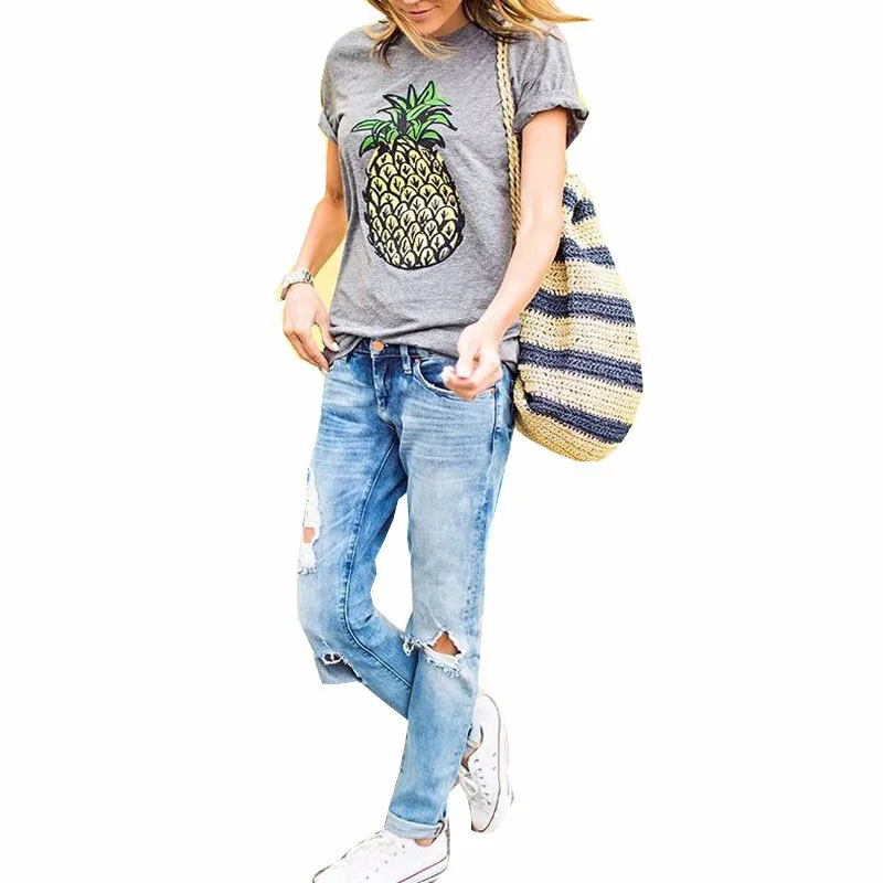 الأناناس طباعة T قميص المرأة قصيرة الأكمام يا الرقبة فضفاض التي شيرت 2019 الصيف المرأة المحملة قميص قمم Camisetas موهير