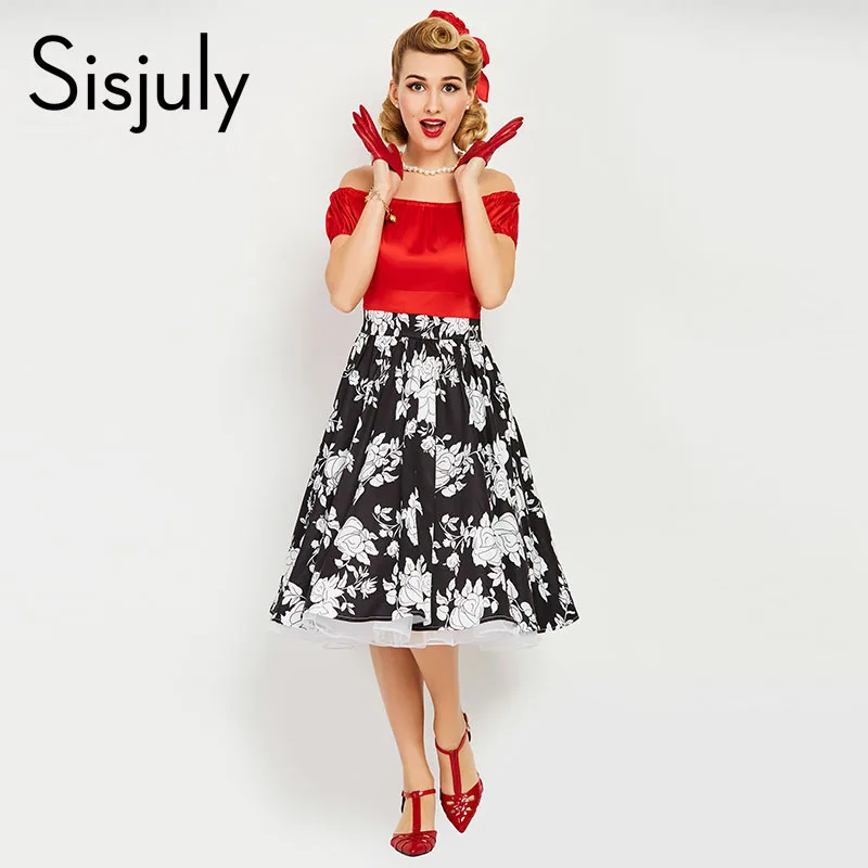 

Sisjuly women vintage dress pin up patchwork flower print party dresses red a-line slash neck female elegant vintage dresses new