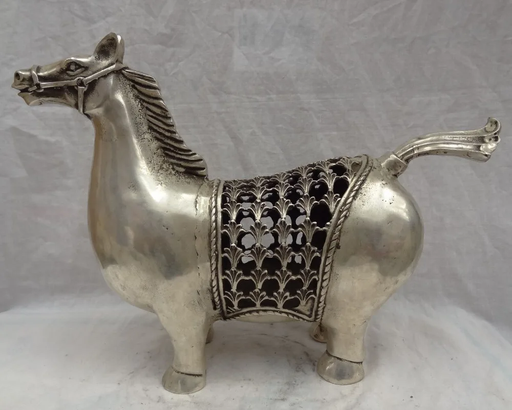 

18" Chinese Silver FengShui Horse Statue Hollowed-out Incense Burner Censer