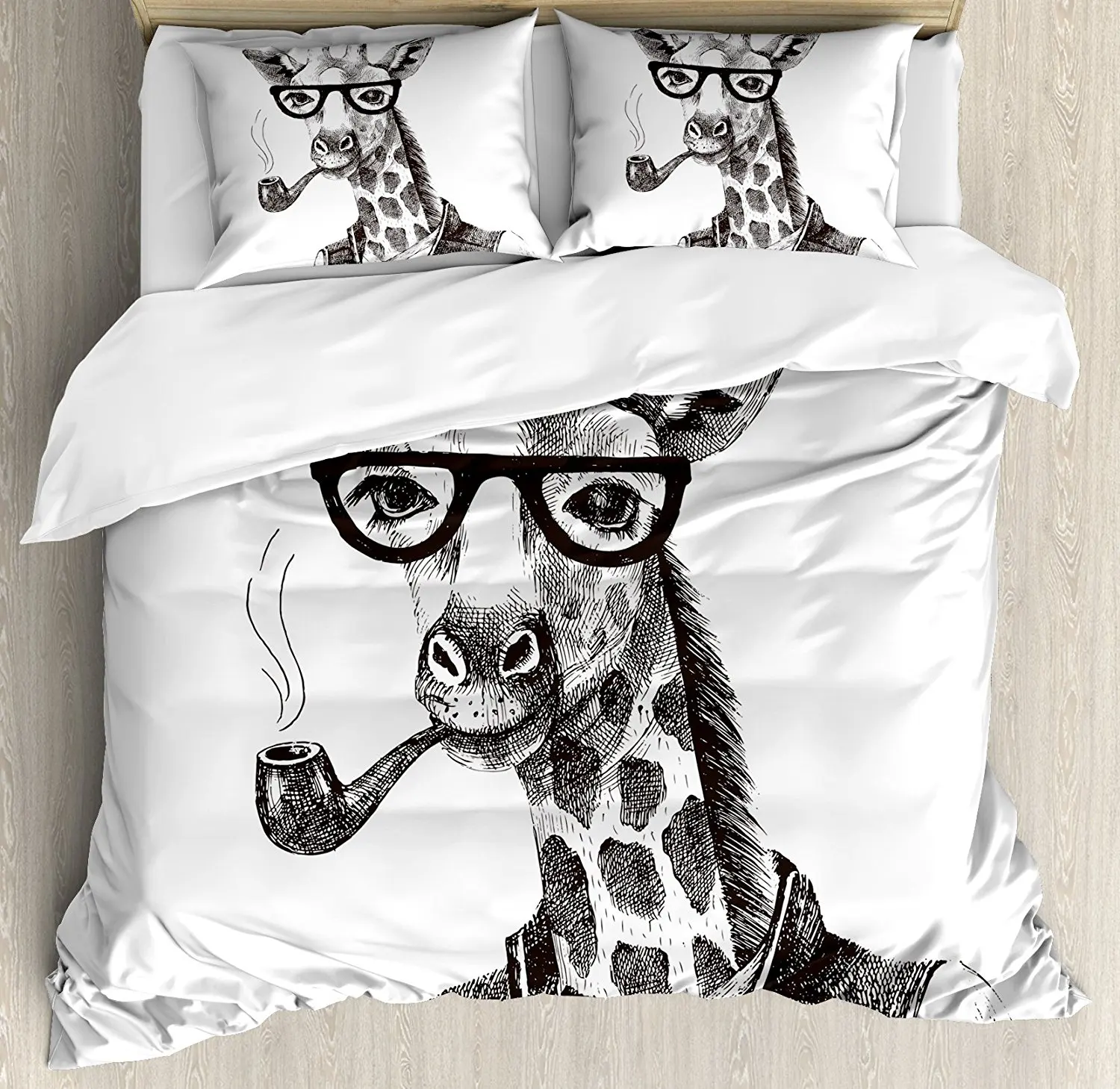 

Quirky Decor Duvet Cover Set Giraffe Smoking Pipe Dressed Up Fancy Zoo Animal Hipster Style Drawing Retro 4 Piece Bedding Set