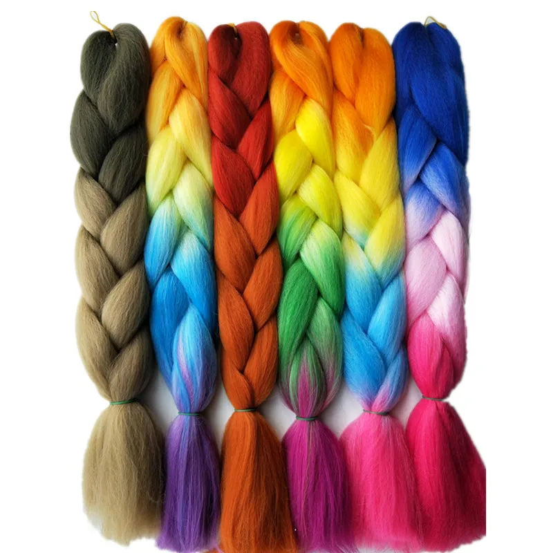 Synthetic Jumbo Braids Hair Extensions 24" 10Pcs Pink Blue Ombre Braiding Bulk for Crochet Braids Hairstyle