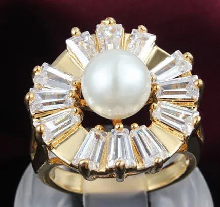 

gold-color or silver color plated ring beautiful crystal flower with bead pearl on wedding rings for women ALW1745