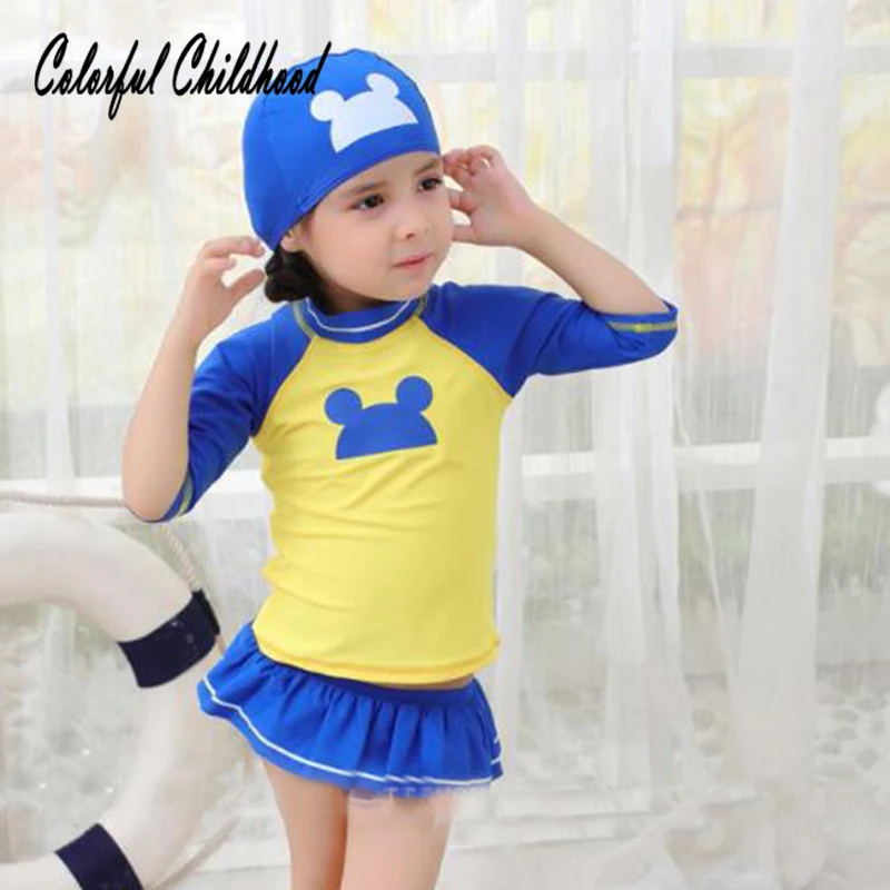 Baby Girl Swimwear 3PCS/set long sleeve T shirt+Skirt+hat Swimsuit