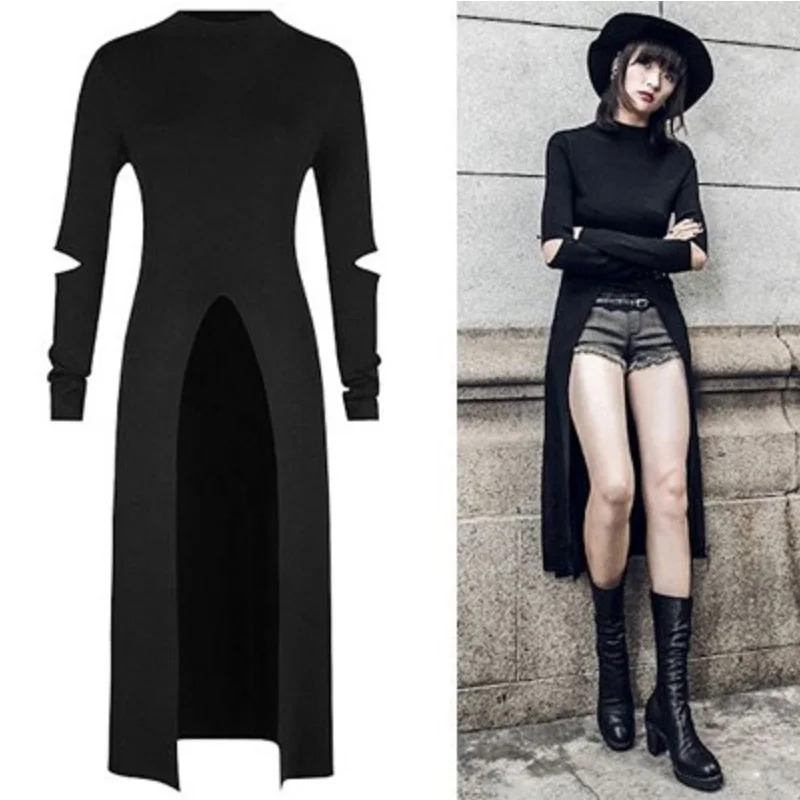 

H&R 2018 NEW Fashion Women'S Punk Dress Long Sleeve Holes And Pour V Split The Fork Design Women Dress Cotton Dresses