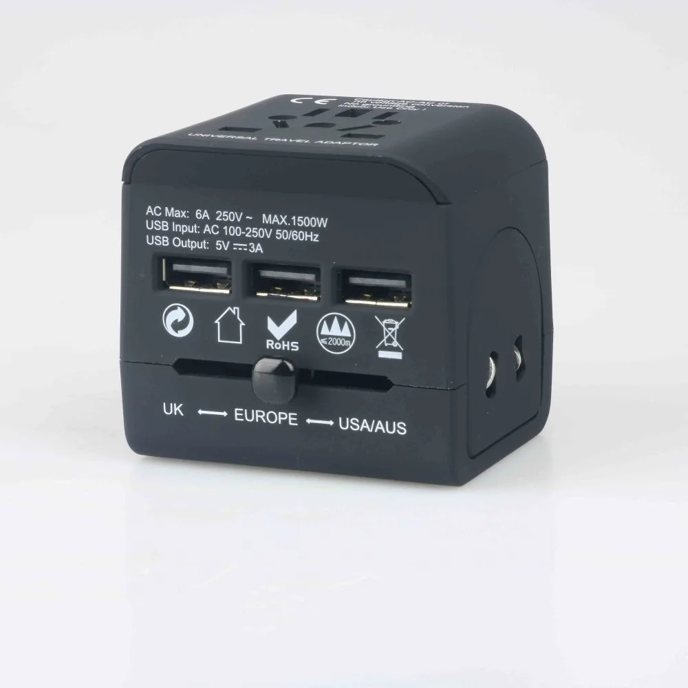 

QC 3.0 World Travel Adapter All-In-One International Travel Charger 3 USB Ports Universal AC Outlet Adapter for US/EU/AU/UK